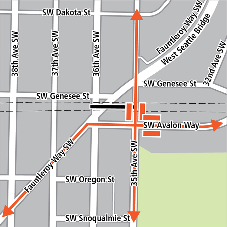 Map with boundaries of Southwest Dakota Street to the north, Southwest Snoqualmie Street to the south, Thirty-Second Avenue Southwest to the east, and Thirty-Eighth Avenue Southwest to the west. Station location is between Fauntleroy Way Southwest and Thirty-Fifth Avenue Southwest, with below ground railway to the station running parallel and slightly south of Southwest Genesee Street. Bus stops are at the north and east intersections of Southwest Avalon Way and Thirty-Fifth Avenue Southwest. Existing bus routes are on Thirty-Fifth Avenue Southwest, Southwest Avalon Way, and Fauntleroy Way Southwest. Existing bus stations are on the north and east corners of the intersection of Thirty-Fifth Avenue Southwest and Southwest Avalon Way.